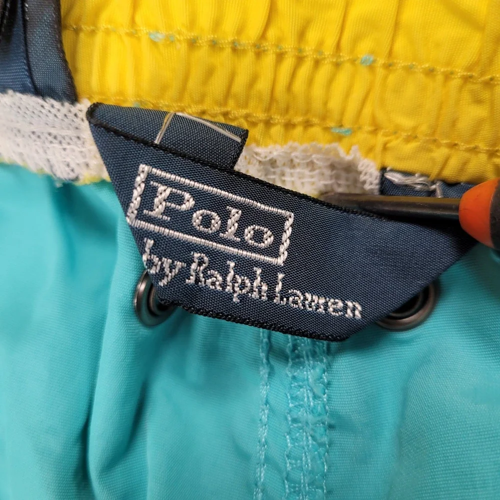 Polo Ralph Lauren Swim Trunks Teal Yellow Pony‎ Logo Men Large Elastic Waist